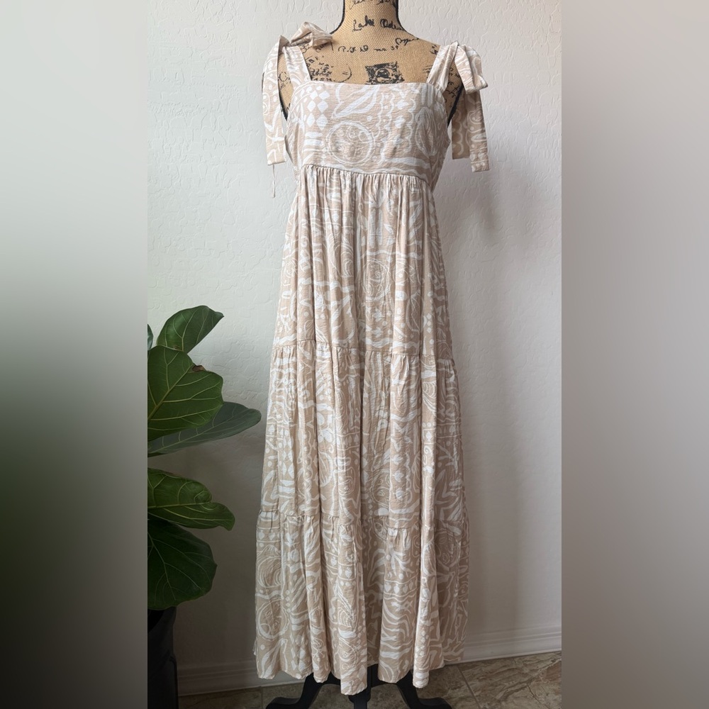 Blu Pepper Beige Printed Tiered Maxi Dress with Tie Straps